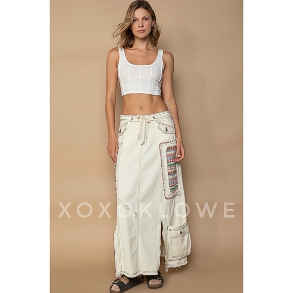 POL Retro Y2K Patchwork Denim Cargo Maxi Skirt A Line - Picture 11 of 12